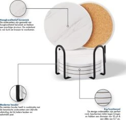 Sincer Keramische Onderzetters Voor Glazen Met Houder – Set Van 6 Witte Keramische/Marmeren Onderleggers –Luxe/Modern Design - Premium Kwaliteit – Kurken Antislip Onderkant – Hittebestendig – Zeer Absorberend – Rond – Duurzaam/Milieuvriendelijk -Merkloos Verkoopwinkel 1200x1135 9