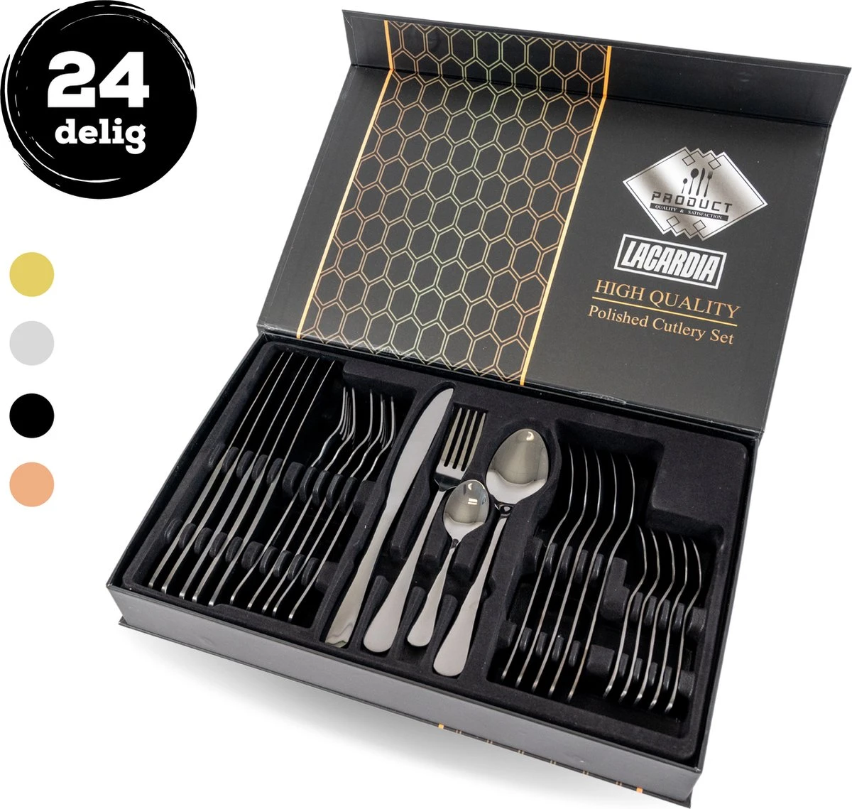 LaCardia Bestekset Glans Zwart – 24-delig Bestek – 6 Persoons – Bestek Zwart Voor 6 Personen 1 LaCardia Bestekset Glans Zwart – 24-delig Bestek – 6 Persoons – Bestek Zwart Voor 6 Personen