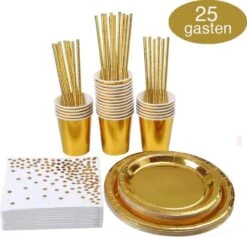 Goud Verjaardag Wegwerp Servies Set - Party Servies - Borden En Bekers Feestartikelen - 25 Gasten - Feestservies