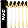 Fako Bijoux® - 6 Lange Lepels - Latte Macchiato - Longdrink - Cocktail - Dessert - IJs - Koffie - Goud - 6 Stuks - Bewaarzakje