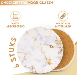 Castagnola Keramische Onderzetters Met Houder – Onderzetters Voor Glazen – Onderzetters Design – Onderzettersset – Drink Onderzetters – Keramisch – Kurk – Set Van 6 – Wit/Goud -Merkloos Verkoopwinkel 1200x1160 6