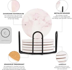 Castagnola Keramische Onderzetters Met Houder – Onderzetters Voor Glazen – Onderzetters Design – Onderzettersset – Drink Onderzetters – Keramisch – Kurk – Set Van 6 – Roze/Wit -Merkloos Verkoopwinkel 1200x1160 7