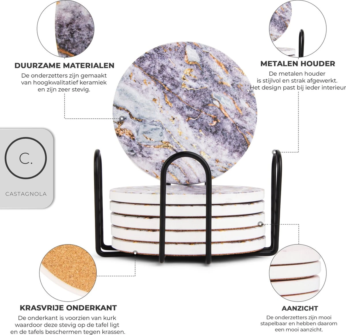Castagnola Keramische Onderzetters Met Houder – Onderzetters Voor Glazen – Onderzetters Design – Onderzettersset – Drink Onderzetters – Keramisch – Kurk – Set Van 6 – Grijs/Goud 4 Castagnola Keramische Onderzetters Met Houder – Onderzetters Voor Glazen – Onderzetters Design – Onderzettersset – Drink Onderzetters – Keramisch – Kurk – Set Van 6 – Grijs/Goud - Afbeelding 4