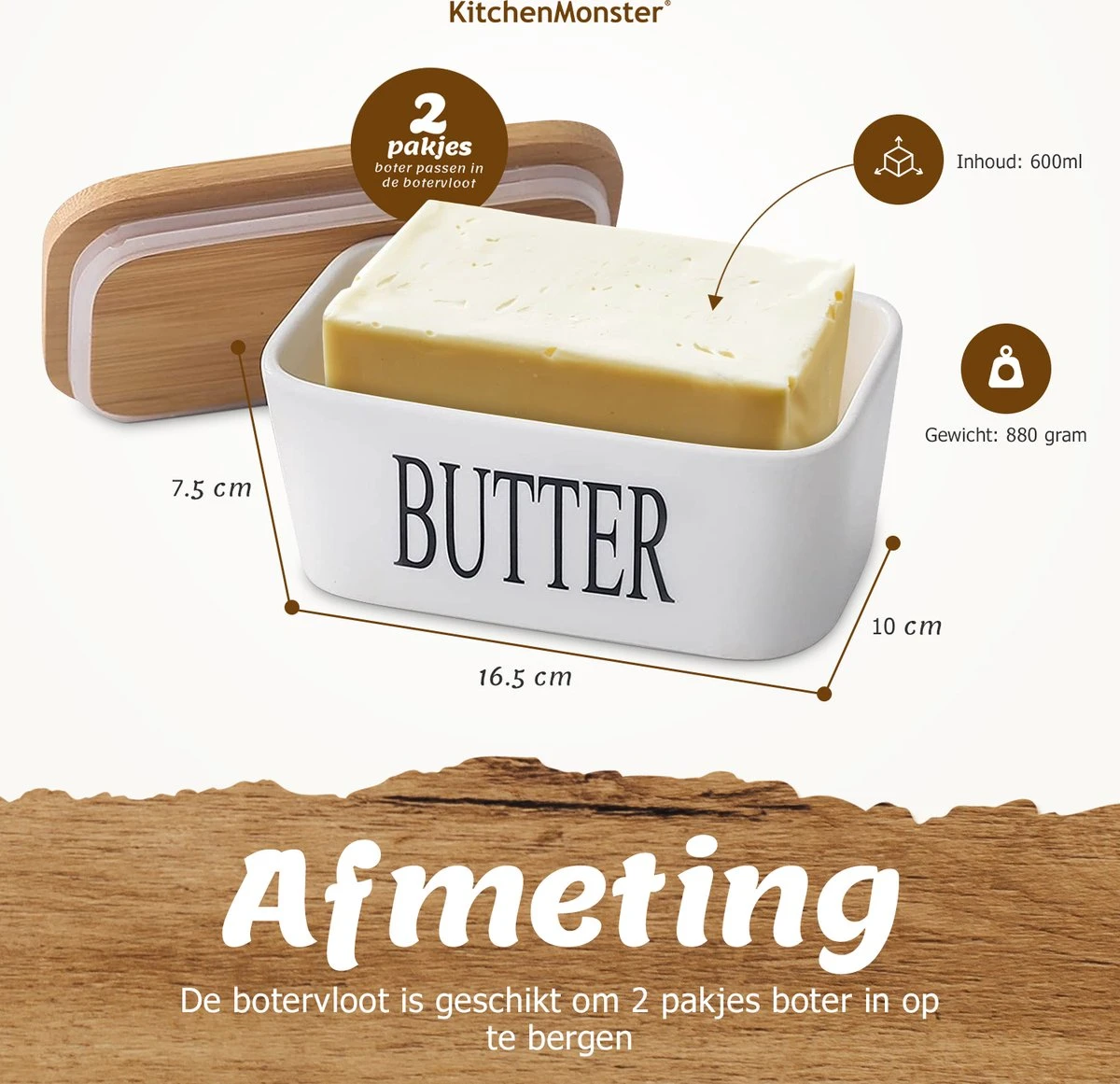 KitchenMonster® Botervloot Met Botermes - 600 Ml Botervlootje Vershouddoos Van Porselein En Bamboe - Botervloot Met Deksel Wit 2 KitchenMonster® Botervloot Met Botermes - 600 Ml Botervlootje Vershouddoos Van Porselein En Bamboe - Botervloot Met Deksel Wit - Afbeelding 2
