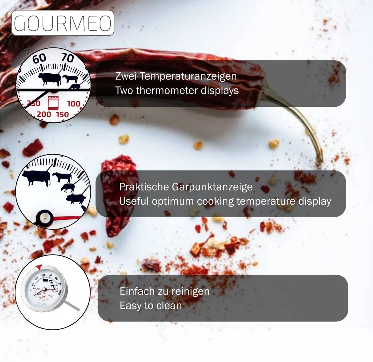 GOURMEO® 2-in-1 Vleesthermometer (vlees En Oventemperatuur) Van Roestvrij Staal Met Gaarpuntweergave, Braadthermometer, Grillthermometer, Oventhermometer 5 GOURMEO® 2-in-1 Vleesthermometer (vlees En Oventemperatuur) Van Roestvrij Staal Met Gaarpuntweergave, Braadthermometer, Grillthermometer, Oventhermometer - Afbeelding 5