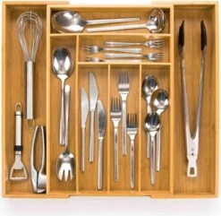 Budu Uitschuifbare Bamboe Bestekbak #45 (45 Cm Diep) - Bestekcassette Hout - Besteklade - 45 X 30,6 - 50 Cm - 6/8 Vakken