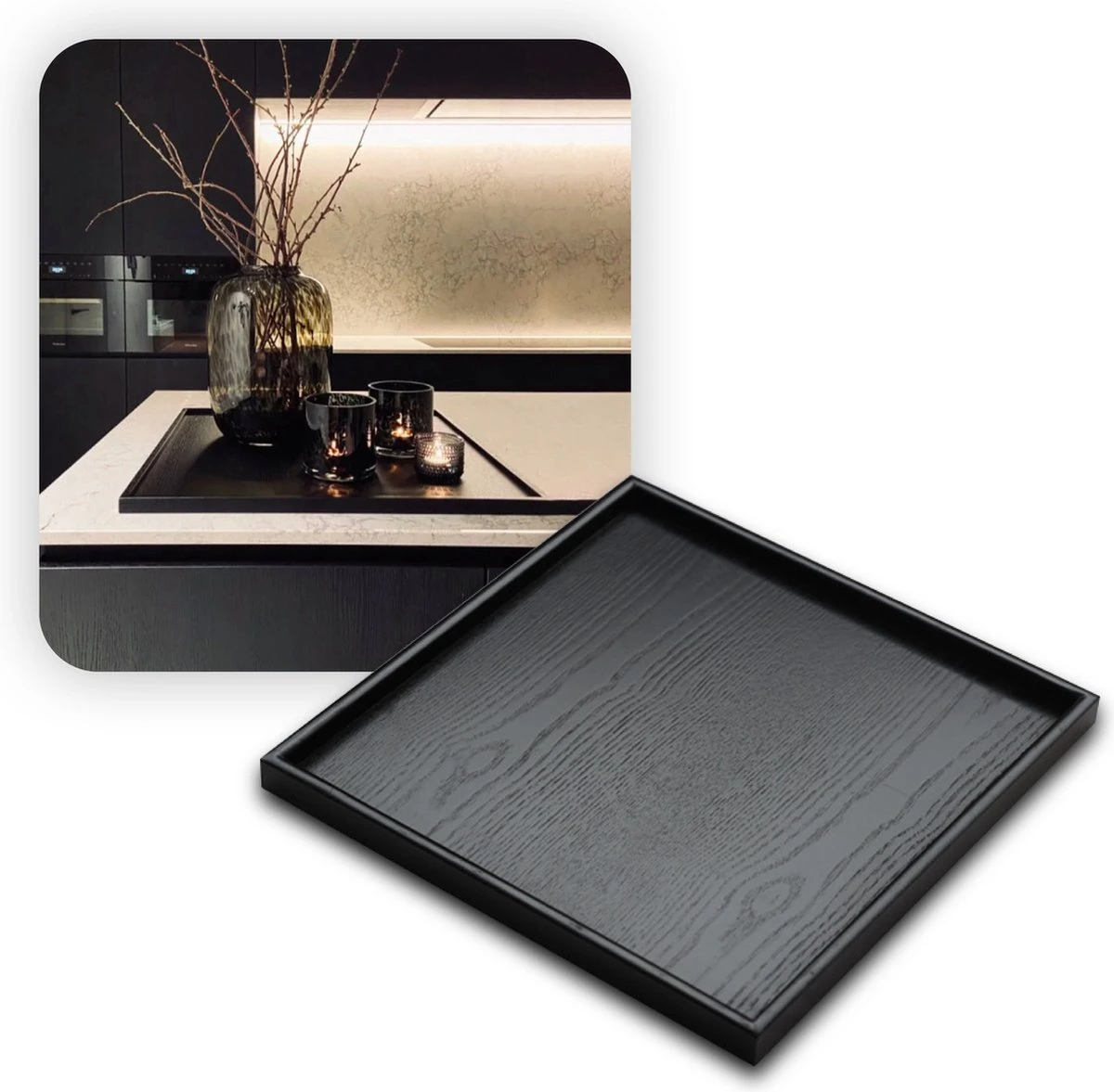 MIRO Houten Dienblad Vierkant - Decoratieve Dienbladen - Serveerblad - Sierblad - 36 X 36 CM - Zwart 1 MIRO Houten Dienblad Vierkant - Decoratieve Dienbladen - Serveerblad - Sierblad - 36 X 36 CM - Zwart