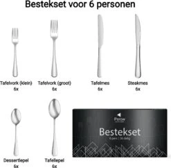 Perow 6 Persoons Bestekset – 36 Delig – 18/10 Edelstaal – Lepels, Messen, Vorken & Steakmessen – Vaatwasserbestendig – Zilver - Serviessets -Merkloos Verkoopwinkel 1200x1177 2