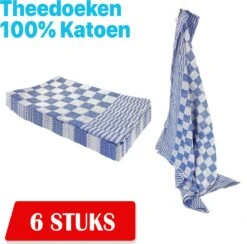Theedoekenset - Glazendoeken - Blok Blauw - 65x65 - Set Van 6 - Geblokt - Blokdoeken - 100% Katoen - Horeca Theedoeken - Horeca - Glazendoeken