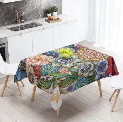 Ulticool - Tafelkleed - Groot Tafelzeil Plastic - Afwasbaar Afneembaar Wasbaar - Voor Binnen En Buiten - Waterdicht - 140 X 240 Cm - Tafelloper Rechthoekig - Design Bloemen Natuur Kunst - Geel Groen Blauw Roze