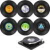 Merkloos Vinyl Platen Onderzetters Met Platenspeler - 6 Stuks - LP Onderzetters - Onderzetters Voor Glazen - Anti-Slip - Vinyl - Platenspeler - Langspeelplaat - Rond - Vintage - Party - Muziek - Glazenonderzetter - Platen