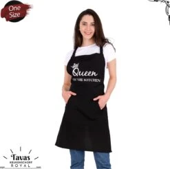 Merkloos Royal Keukenschort Zwart | 60x80 Cm | Queen Of The Kitchen | Kookschort Met Zakken | Keukenschort Dames | Keukenschort Voor Vrouwen | Cadeutje- Kado | Kook- BBQ