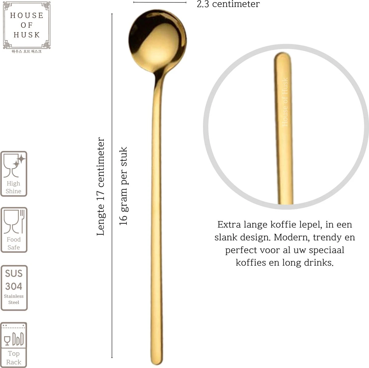 House Of Husk® Lange Theelepels Set - Latte Macchiato Lepels - Koffielepels - Theelepeltjes - RVS - 17cm - 6 Stuks - Goud 2 House Of Husk® Lange Theelepels Set - Latte Macchiato Lepels - Koffielepels - Theelepeltjes - RVS - 17cm - 6 Stuks - Goud - Afbeelding 2