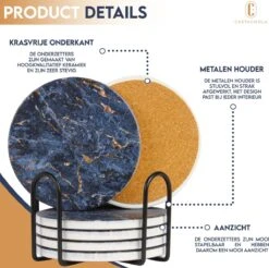 Castagnola Keramische Onderzetters Met Houder – Onderzetters Voor Glazen – Onderzetters Design – Onderzettersset – Drink Onderzetters – Keramisch – Kurk – Set Van 6 – Blauw/Goud -Merkloos Verkoopwinkel 1200x1197 16