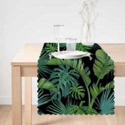 De Groen Home Bedrukt Velvet Textiel Tafelloper - Palmbladeren- Runner 45x135cm - Tafel Decoratie Woonkamer