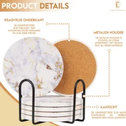 Castagnola Keramische Onderzetters Met Houder – Onderzetters Voor Glazen – Onderzetters Design – Onderzettersset – Drink Onderzetters – Keramisch – Kurk – Set Van 6 – Wit/Goud -Merkloos Verkoopwinkel 1200x1197 27