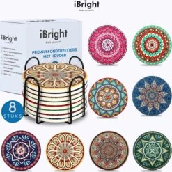 IBright Onderzetters Voor Glazen - Set Van 8 Met Houder - Rond - Bohemian - Oosterse - Mandala Design - Coasters
