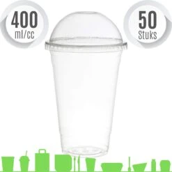 Merkloos Composteerbare Wegwerpbeker Met Dome Deksel Met Gat Voor Frisdrank En Smoothies | 400 Ml | Ø 96 Mm | PLA | 50 Stuks