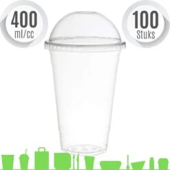 Merkloos Composteerbare Wegwerpbeker Met Dome Deksel Met Gat Voor Frisdrank En Smoothies | 400 Ml | Ø 95 Mm | PLA | 100 Stuks