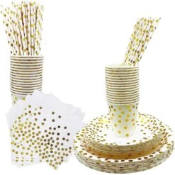 Wegwerp Servies Set 25 Personen - Borden En Bekers Feestartikelen - 25 Gasten – Wit Goud - Feestservies