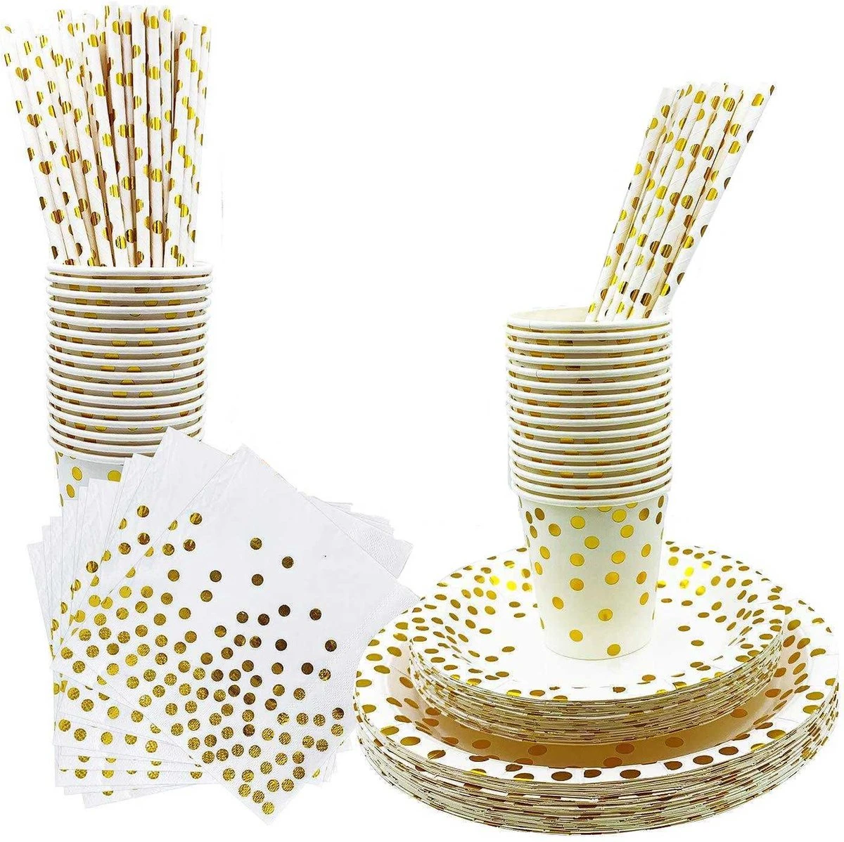 Wegwerp Servies Set 25 Personen - Borden En Bekers Feestartikelen - 25 Gasten – Wit Goud - Feestservies 1 Wegwerp Servies Set 25 Personen - Borden En Bekers Feestartikelen - 25 Gasten – Wit Goud - Feestservies