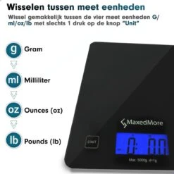 MaxedMore Digitale Keukenweegschaal Met Bluetooth En App - Digitale Precisie Weegschaal Voor Keuken - Tare / Tarra Functie - Weegt Tot 5000 Gram (5kg) - Werkt Op Batterijen - Smart Touch Bediening - Gemaakt Van Gehard Glas Met Antislip -Merkloos Verkoopwinkel 1200x1200 1212