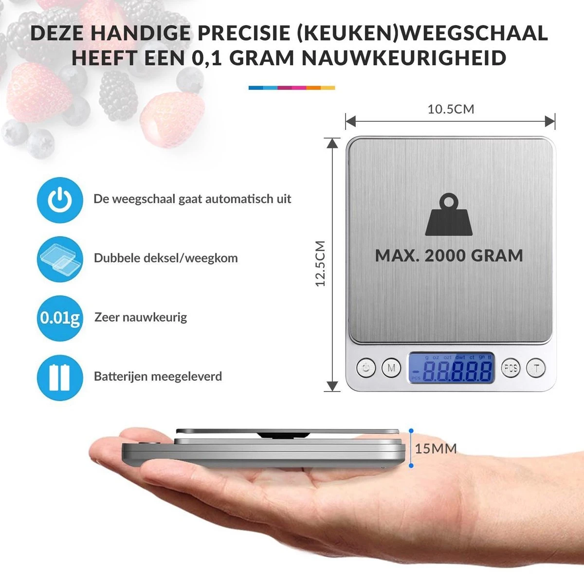 Keukenweegschaal Digitaal Met Kom - Precisie Weegschaal RVS - 2000g X 0.1g 4 Keukenweegschaal Digitaal Met Kom - Precisie Weegschaal RVS - 2000g X 0.1g - Afbeelding 4