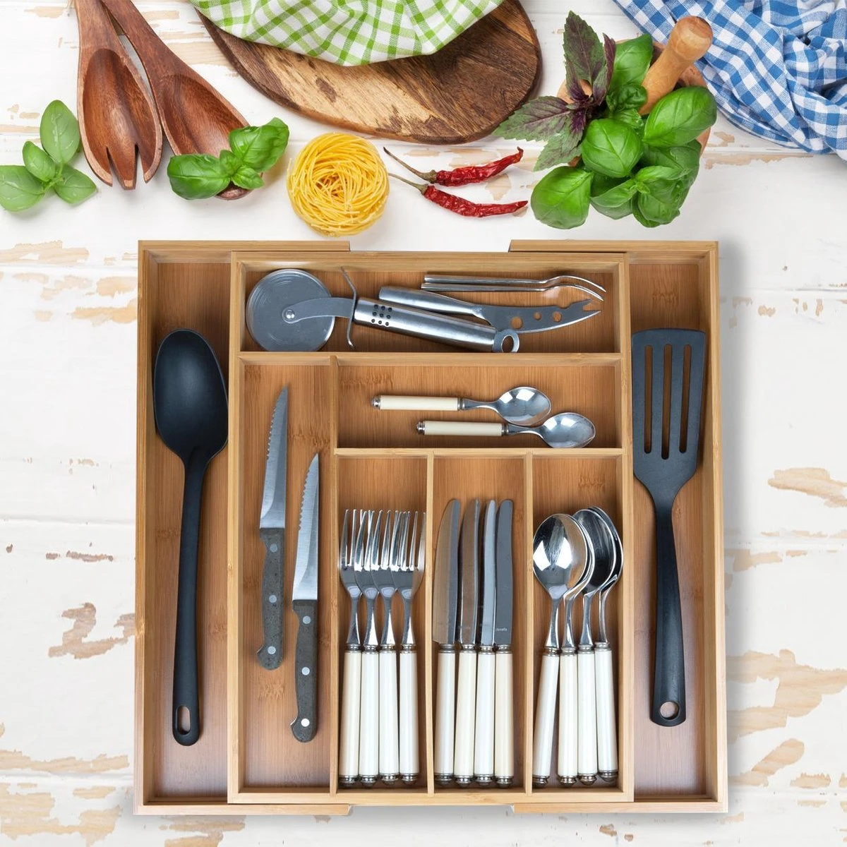 KitchenBrothers Bestekbak - Verstelbare Besteklade - 30 Tot 44.5cm - Bamboehout 2 KitchenBrothers Bestekbak - Verstelbare Besteklade - 30 Tot 44.5cm - Bamboehout - Afbeelding 2