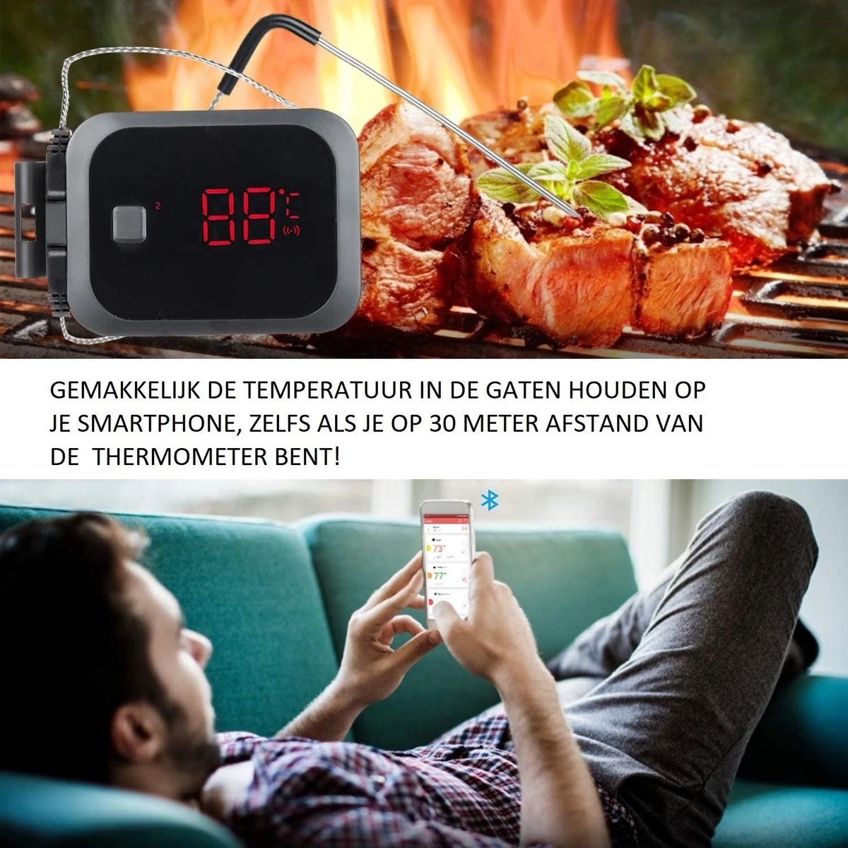 Draadloze BBQ Thermometer Met App - Bluetooth Kerntemperatuur - Wireless - Grill - Rookoven - Vleesthermometer - Barbecue 3 Draadloze BBQ Thermometer Met App - Bluetooth Kerntemperatuur - Wireless - Grill - Rookoven - Vleesthermometer - Barbecue - Afbeelding 3