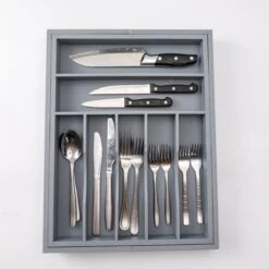 Merkloos Decopatent® Uitschuifbaar Bestekbak - Besteklade - 7 Vaks -> Uitschuifbaar Naar 9 Vakken - Bestekbakken Organizer - Bamboe - Grijs -Merkloos Verkoopwinkel 1200x1200 150
