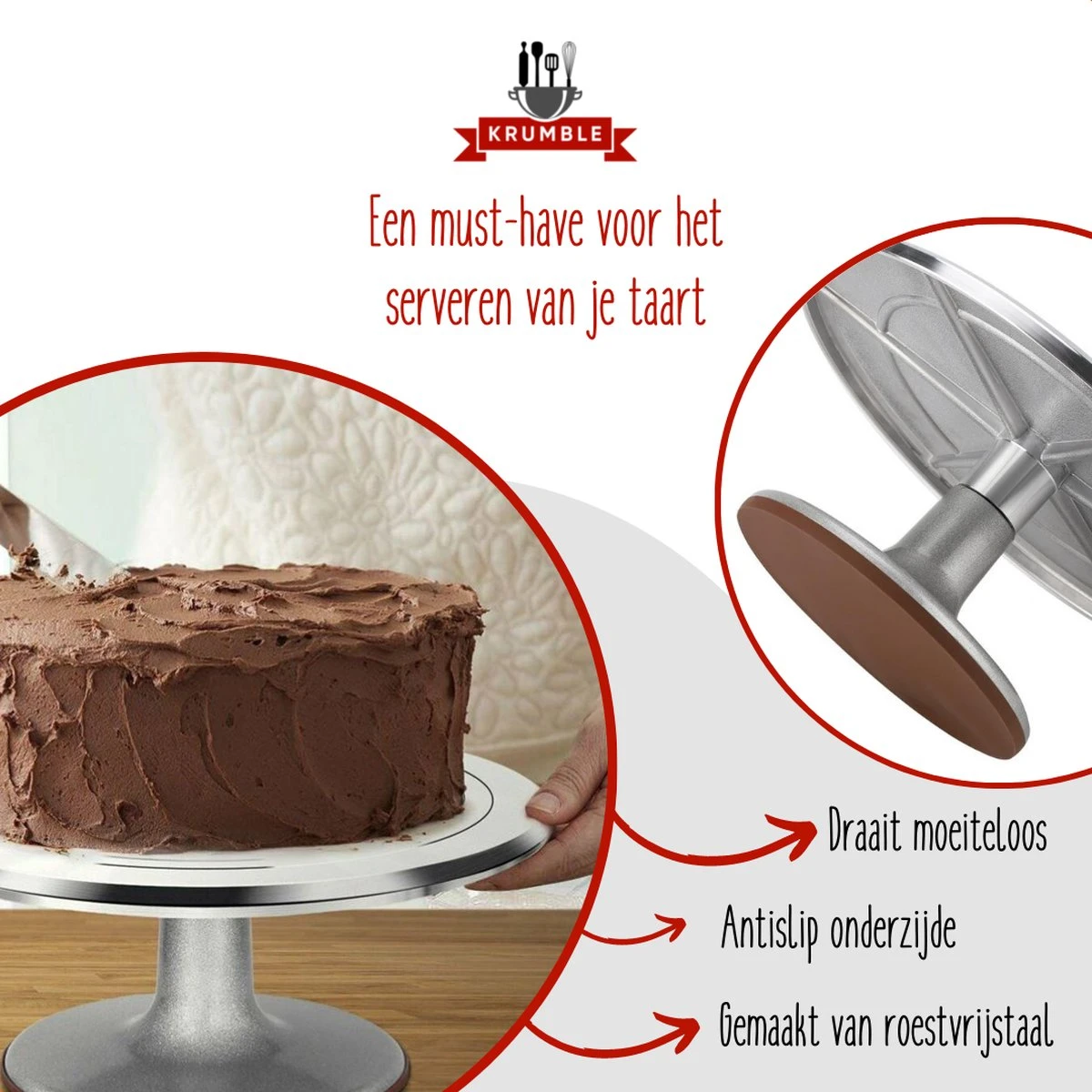 Krumble Taartplateau Draaibaar RVS / Diameter Van Ø31cm / Ideaal Voor Het Snijden En Maken Van Taarten - Geborsteld Chroom 5 Krumble Taartplateau Draaibaar RVS / Diameter Van Ø31cm / Ideaal Voor Het Snijden En Maken Van Taarten - Geborsteld Chroom - Afbeelding 5