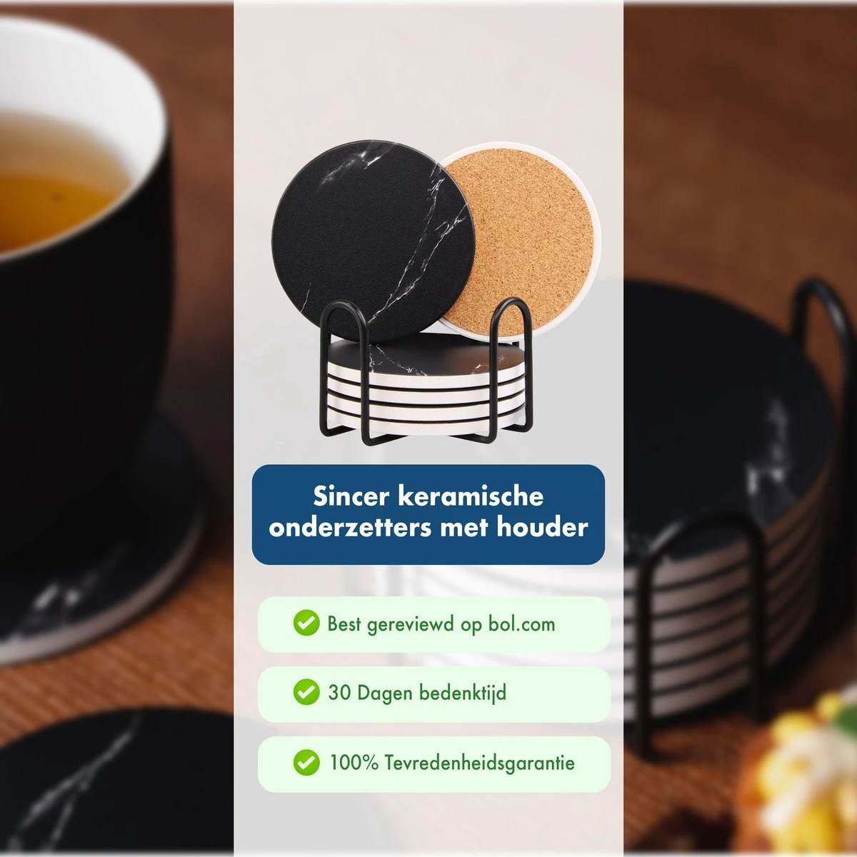Sincer Keramische Onderzetters Voor Glazen Met Houder – Set Van 6 Zwarte Keramische/Marmeren Onderleggers –Luxe/Modern Design - Premium Kwaliteit – Kurken Antislip Onderkant – Hittebestendig – Zeer Absorberend – Rond – Duurzaam/Milieuvriendelijk 2 Sincer Keramische Onderzetters Voor Glazen Met Houder – Set Van 6 Zwarte Keramische/Marmeren Onderleggers –Luxe/Modern Design - Premium Kwaliteit – Kurken Antislip Onderkant – Hittebestendig – Zeer Absorberend – Rond – Duurzaam/Milieuvriendelijk - Afbeelding 2