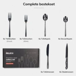 Deleca 6 Persoons Bestekset (36-delig) - Lepels, Messen, Vorken & Steakmessen - Vaatwasserbestendig - Zwart / RVS -Merkloos Verkoopwinkel 1200x1200 195