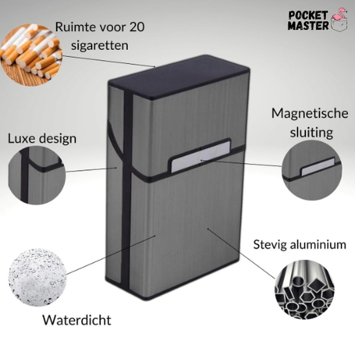 PocketMaster® Sigaretten Doosje - Zwart - Aluminium - Sigaretten Houder/Hoesje - Weerbestendig - Stevig En Luxe Opbergdoosje 2 PocketMaster® Sigaretten Doosje - Zwart - Aluminium - Sigaretten Houder/Hoesje - Weerbestendig - Stevig En Luxe Opbergdoosje - Afbeelding 2
