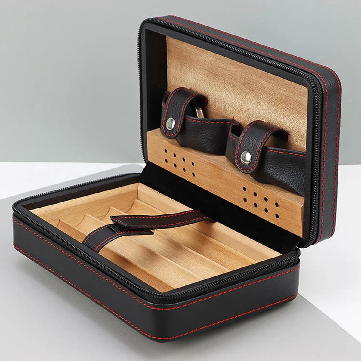 Luxe Humidor Sigaren Set - Sigarendoos Leer Zwart - Sigarenkoker - Cabinet - Reis - Cadeauset - Incl. Accessoires 4 Luxe Humidor Sigaren Set - Sigarendoos Leer Zwart - Sigarenkoker - Cabinet - Reis - Cadeauset - Incl. Accessoires - Afbeelding 4