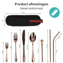 Damster Reisbestek - Verbeterde Versie - Meeneem Bestek Rvs - Reis Bestekset To Go - Incl. Herbruikbare Rietjes - Eenpersoons - Achtdelig - Roodgoud -Merkloos Verkoopwinkel 1200x1200 241