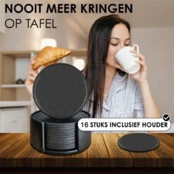 Luxe Leren Onderzetters Met Houder - 16 Stuks - Onderleggers Voor Glazen - Glasonderzetters Voor Op Tafel - Coasters - Zwart - Rond -Merkloos Verkoopwinkel 1200x1200 2424