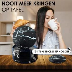 Luxe Leren Marmeren Onderzetters Met Houder - 10 Stuks - Onderleggers Voor Glazen - Glasonderzetters Voor Op Tafel - Coasters - Zwart / Wit - Rond -Merkloos Verkoopwinkel 1200x1200 2433