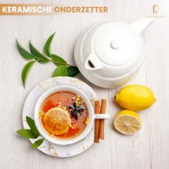 Castagnola Keramische Onderzetters Met Houder – Onderzetters Voor Glazen – Onderzetters Design – Onderzettersset – Drink Onderzetters – Keramisch – Kurk – Set Van 6 – Wit/Goud -Merkloos Verkoopwinkel 1200x1200 2452