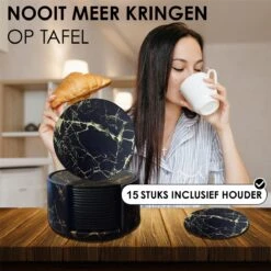 Luxe Leren Marmeren Onderzetters Met Houder - 15 Stuks - Onderleggers Voor Glazen - Glasonderzetters Voor Op Tafel - Coasters - Zwart / Goud - Rond -Merkloos Verkoopwinkel 1200x1200 2487