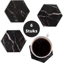 Onderzetters Hardboard Kurk Zwart Marmer | Luxe Hexagon Onderzetters Marmer | Marmeren Onderleggers Voor Glazen - Cadeau - Cadeaustrik
