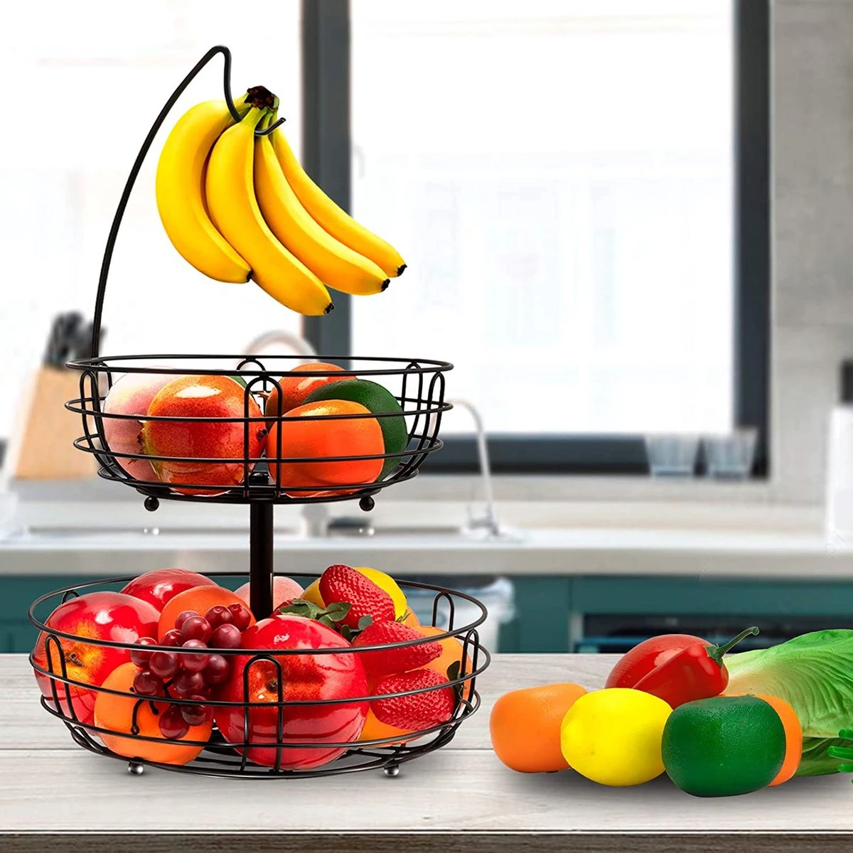 Fruitmand Met Bananenhanger - Fruitschaal - Fruitmand Hangend - Opbergmand - Fruitmand Met Banaanhouder - Fruitschalen - Fruitmanden - 2 Lagen - Valentijn 4 Fruitmand Met Bananenhanger - Fruitschaal - Fruitmand Hangend - Opbergmand - Fruitmand Met Banaanhouder - Fruitschalen - Fruitmanden - 2 Lagen - Valentijn - Afbeelding 4
