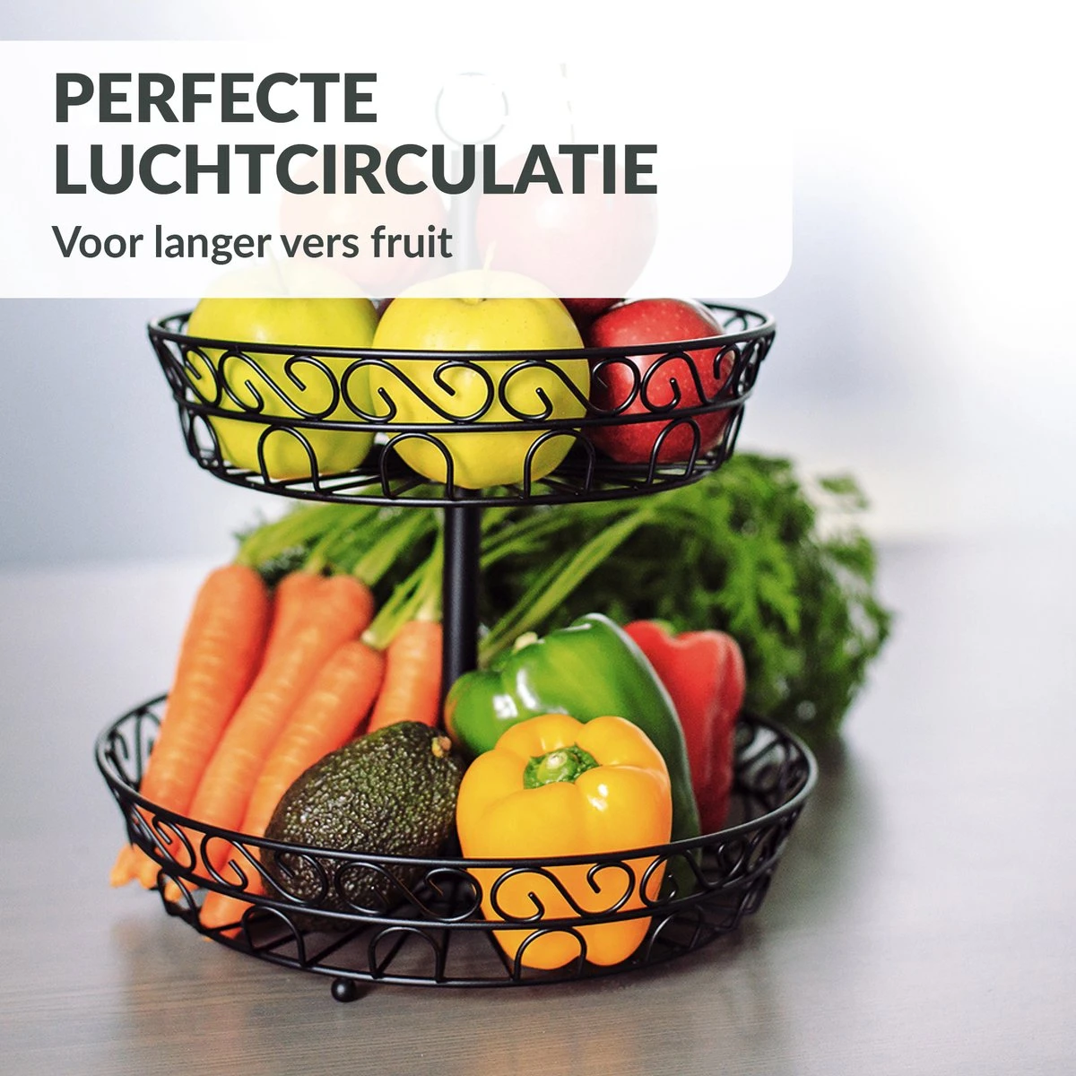 Chefarone Fruit Etagère 2 Laags - Fruitmand - Fruitschaal - Groentemand - Opberger - Metaal - Zwart 6 Chefarone Fruit Etagère 2 Laags - Fruitmand - Fruitschaal - Groentemand - Opberger - Metaal - Zwart - Afbeelding 6