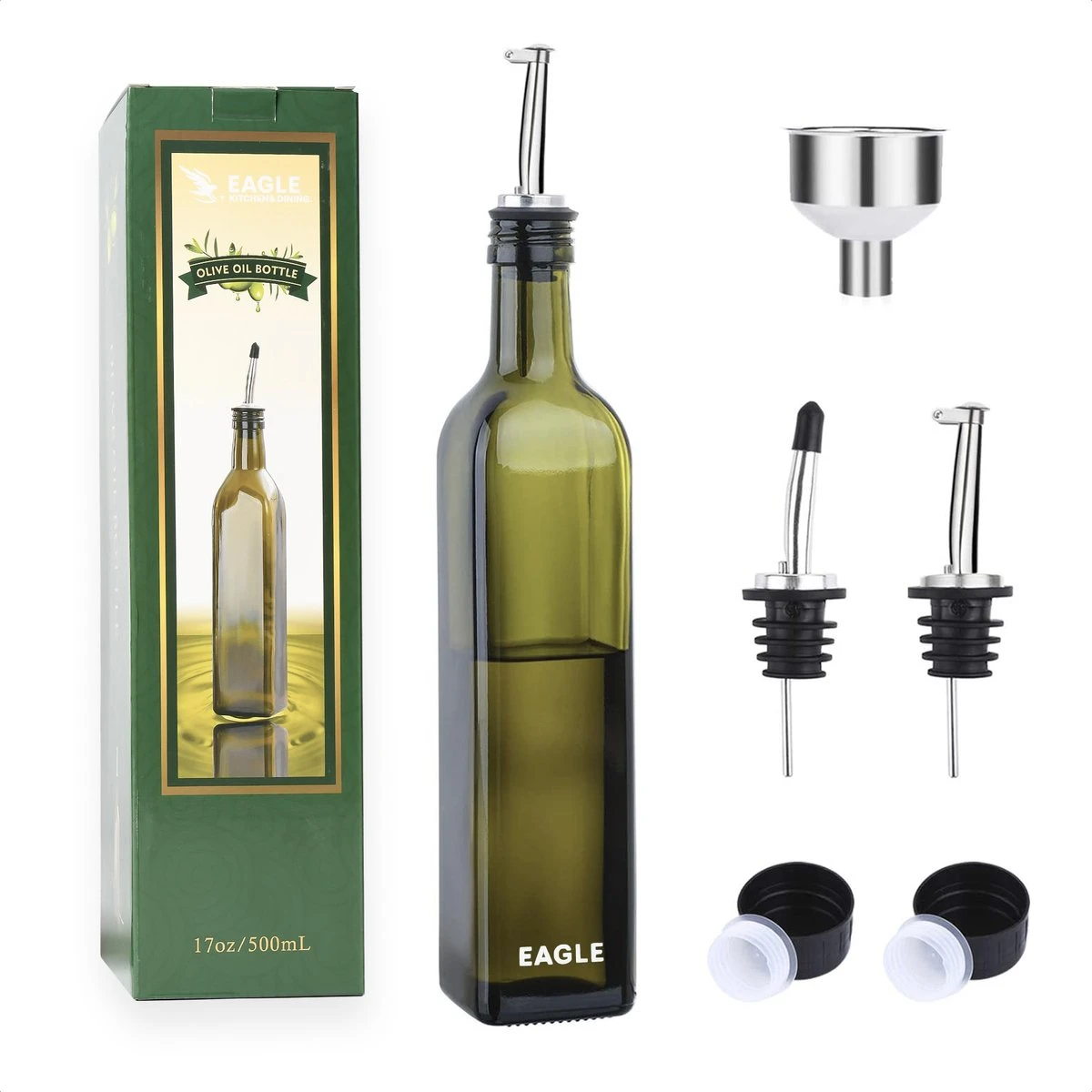 Eagle Olijfolie Fles - Met Schenktuit – Olijfolie/Azijn – 500ml - Oliefles Glas - Inclusief Trechter 1 Eagle Olijfolie Fles - Met Schenktuit – Olijfolie/Azijn – 500ml - Oliefles Glas - Inclusief Trechter