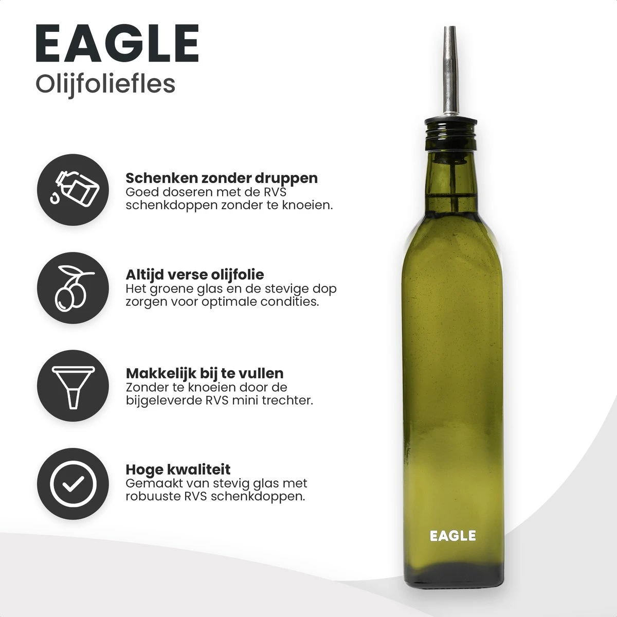 Eagle Olijfolie Fles - Met Schenktuit – Olijfolie/Azijn – 500ml - Oliefles Glas - Inclusief Trechter 2 Eagle Olijfolie Fles - Met Schenktuit – Olijfolie/Azijn – 500ml - Oliefles Glas - Inclusief Trechter - Afbeelding 2