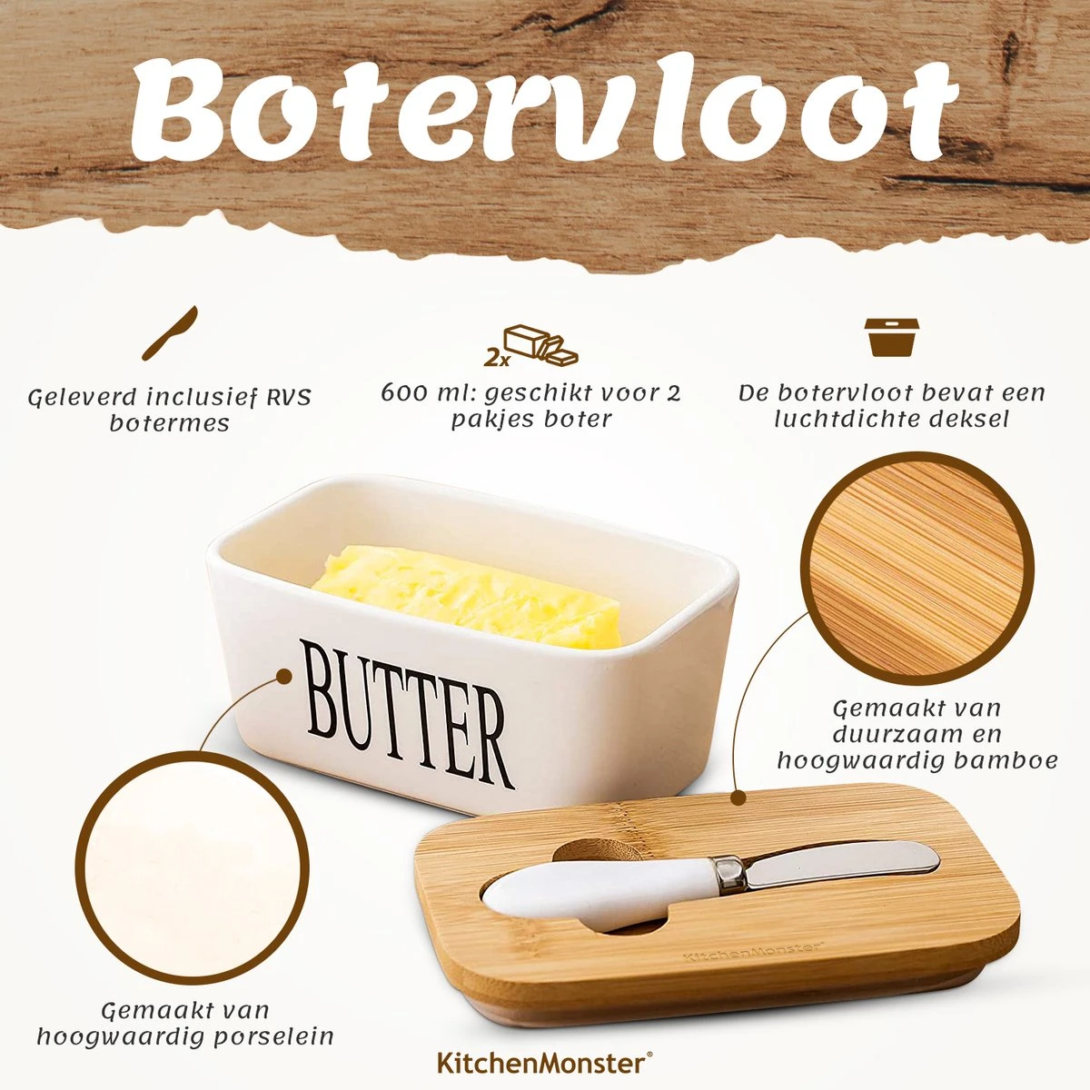 KitchenMonster® Botervloot Met Botermes - 600 Ml Botervlootje Vershouddoos Van Porselein En Bamboe - Botervloot Met Deksel Wit 3 KitchenMonster® Botervloot Met Botermes - 600 Ml Botervlootje Vershouddoos Van Porselein En Bamboe - Botervloot Met Deksel Wit - Afbeelding 3