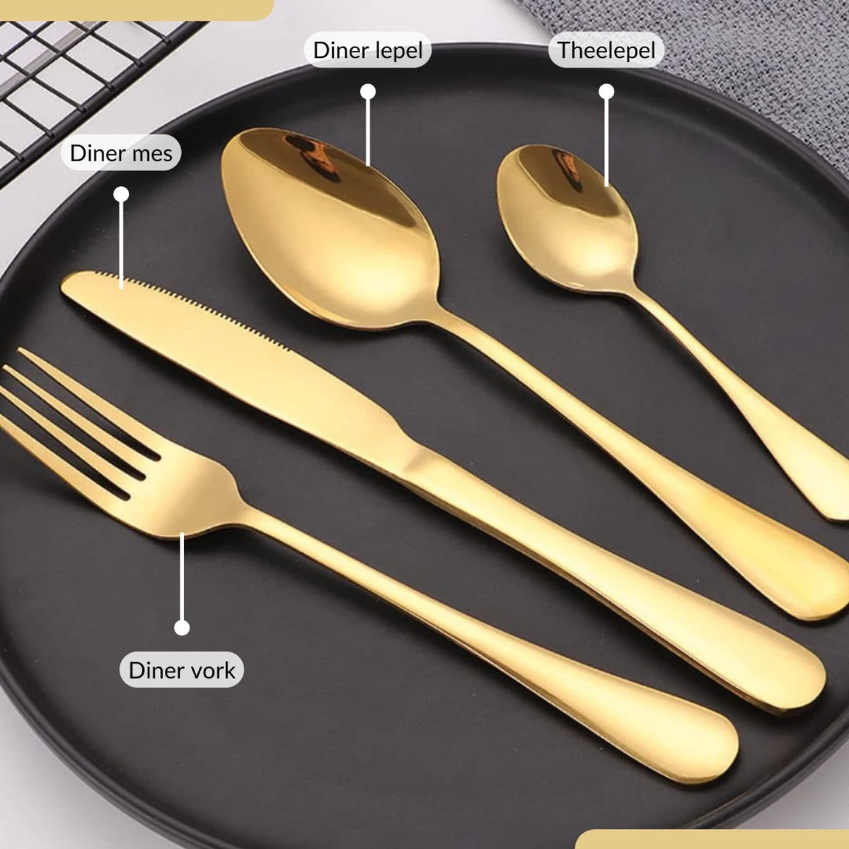 SensaHome - 20-Delige Bestek Set - Inclusief Mes/Vork/Lepel - 4 Personen - Goud 15 SensaHome - 20-Delige Bestek Set - Inclusief Mes/Vork/Lepel - 4 Personen - Goud - Afbeelding 15