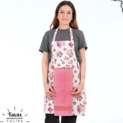 Merkloos Tulipa Keukenschort Met Handdoek | Roze Rozen | Kookschort - 55 X 75cm | Handdoek - 30 X 50 | Keukenschort Dames | Keukenschort Voor Vrouwen | Katoen