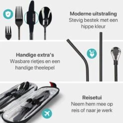 Damster Reisbestek - Verbeterde Versie - Meeneem Bestek Rvs - Reis Bestekset To Go - Incl. Herbruikbare Rietjes - Eenpersoons - Achtdelig - Zwart -Merkloos Verkoopwinkel 1200x1200 68