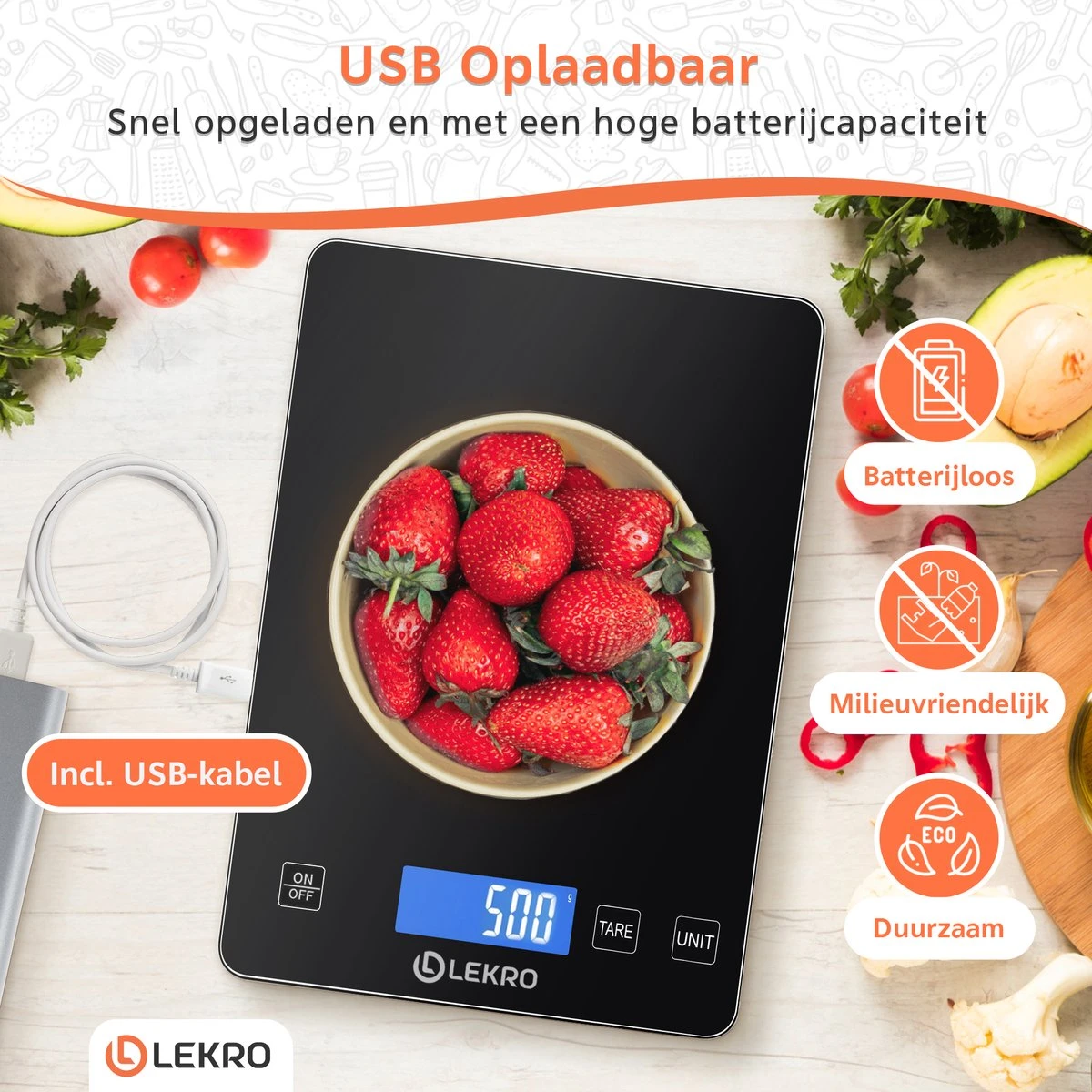 Lekro Digitale Precisie Keukenweegschaal – Weegschaal Keuken - USB Oplaadbaar - 1gr Tot 15kg – Tarra Functie - Zwart 2 Lekro Digitale Precisie Keukenweegschaal – Weegschaal Keuken - USB Oplaadbaar - 1gr Tot 15kg – Tarra Functie - Zwart - Afbeelding 2